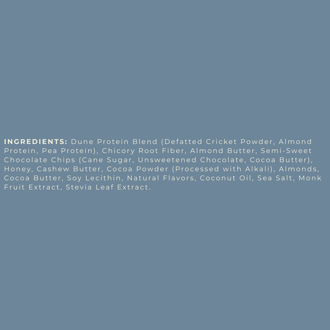 Text displaying Dune Snacks Double Chocolate Brownie protein bar ingredients list on a light blue background