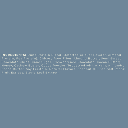 Text displaying Dune Snacks Double Chocolate Brownie protein bar ingredients list on a light blue background